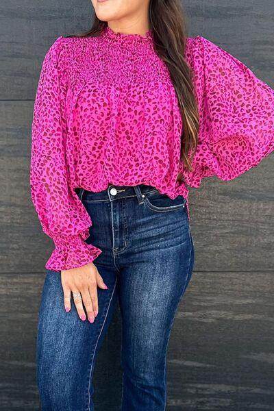 Ruched Leopard Mock Neck Long Sleeve Blouse for Women - Selvanelle