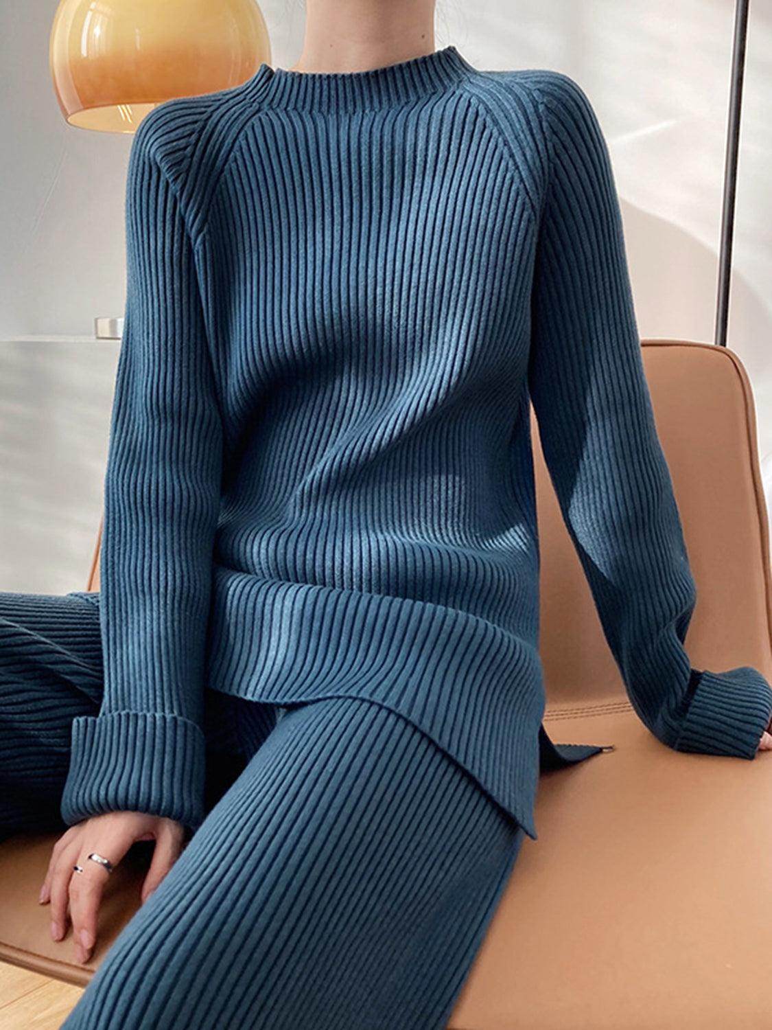 Mock Neck Raglan Sleeve Top and Pants Sweater Set for Women - Selvanelle