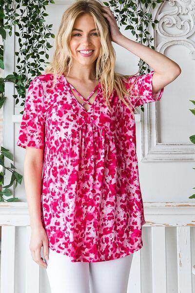 Heimish Full Size Short Sleeve Crisscross Animal Babydoll Top Plus Size - Selvanelle