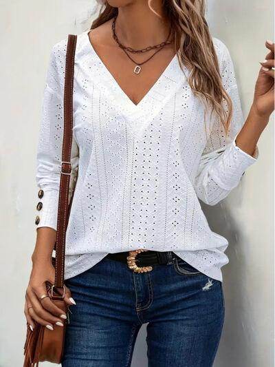 Eyelet V-Neck Long Sleeve Blouse for Stylish Comfort - Selvanelle