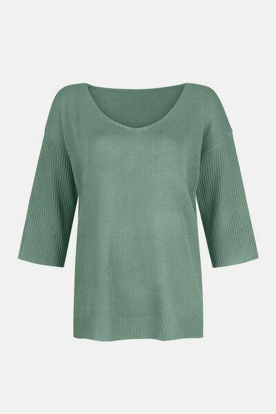 V-Neck Three-Quarter Sleeve Knit Top for Women Casual Wear - Selvanelle