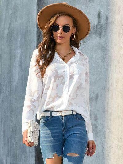 Full Size Collared Neck Long Sleeve Shirt Plus Size Women - Selvanelle