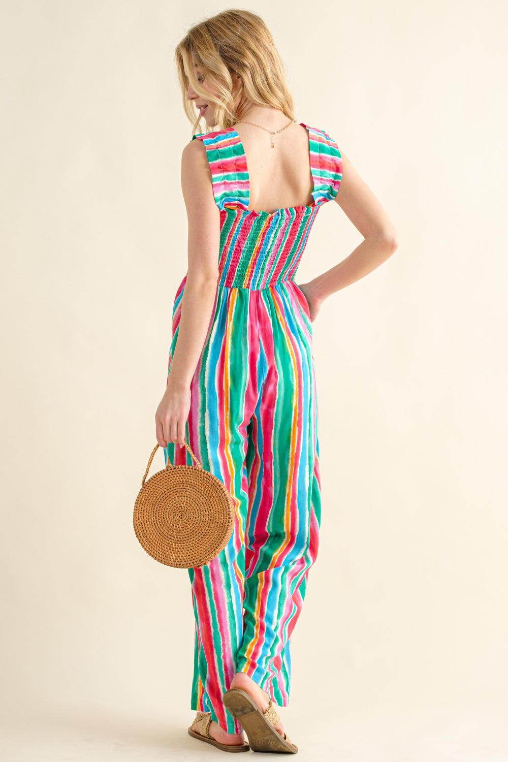 And The Why Full Size Striped Smocked Sleeveless Jumpsuit - Selvanelle