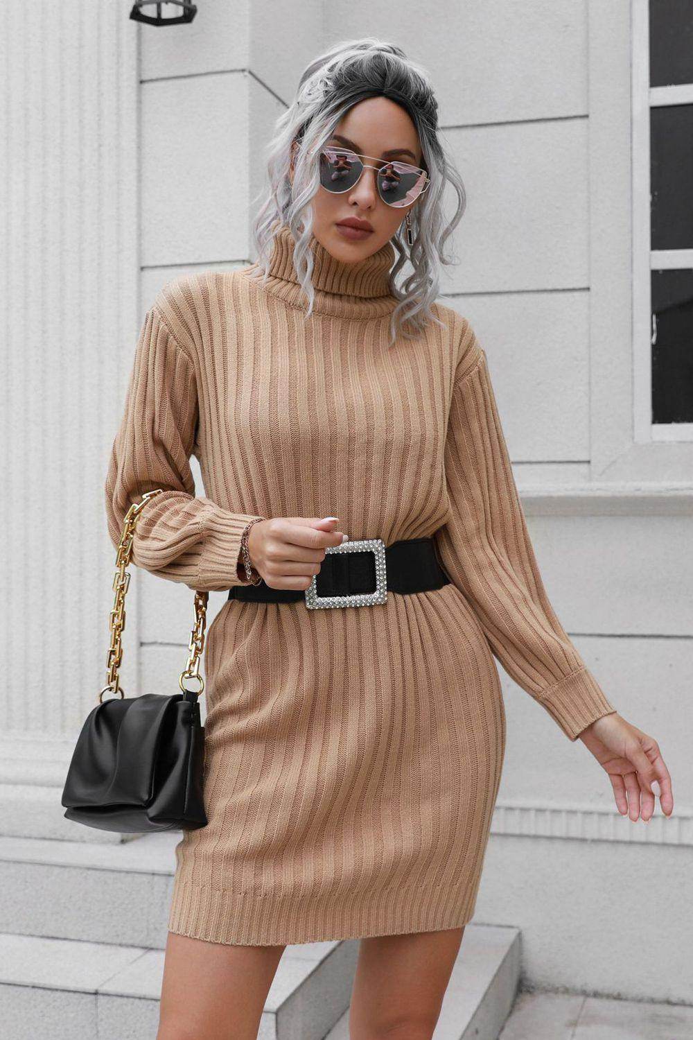 Ribbed Turtle Neck Long Sleeve Mini Sweater Dress for Women - Selvanelle