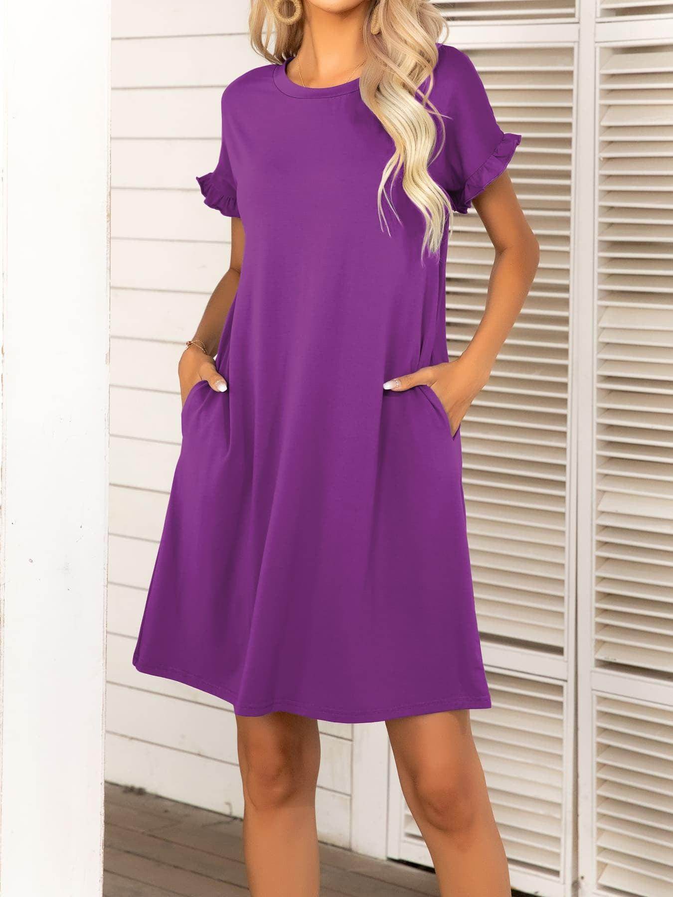 Round Neck Flounce Sleeve Dress with Pockets for Women - Selvanelle