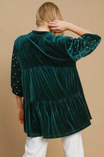 Umgee Pearl Detail Half Sleeve Velvet Babydoll Blouse - Selvanelle