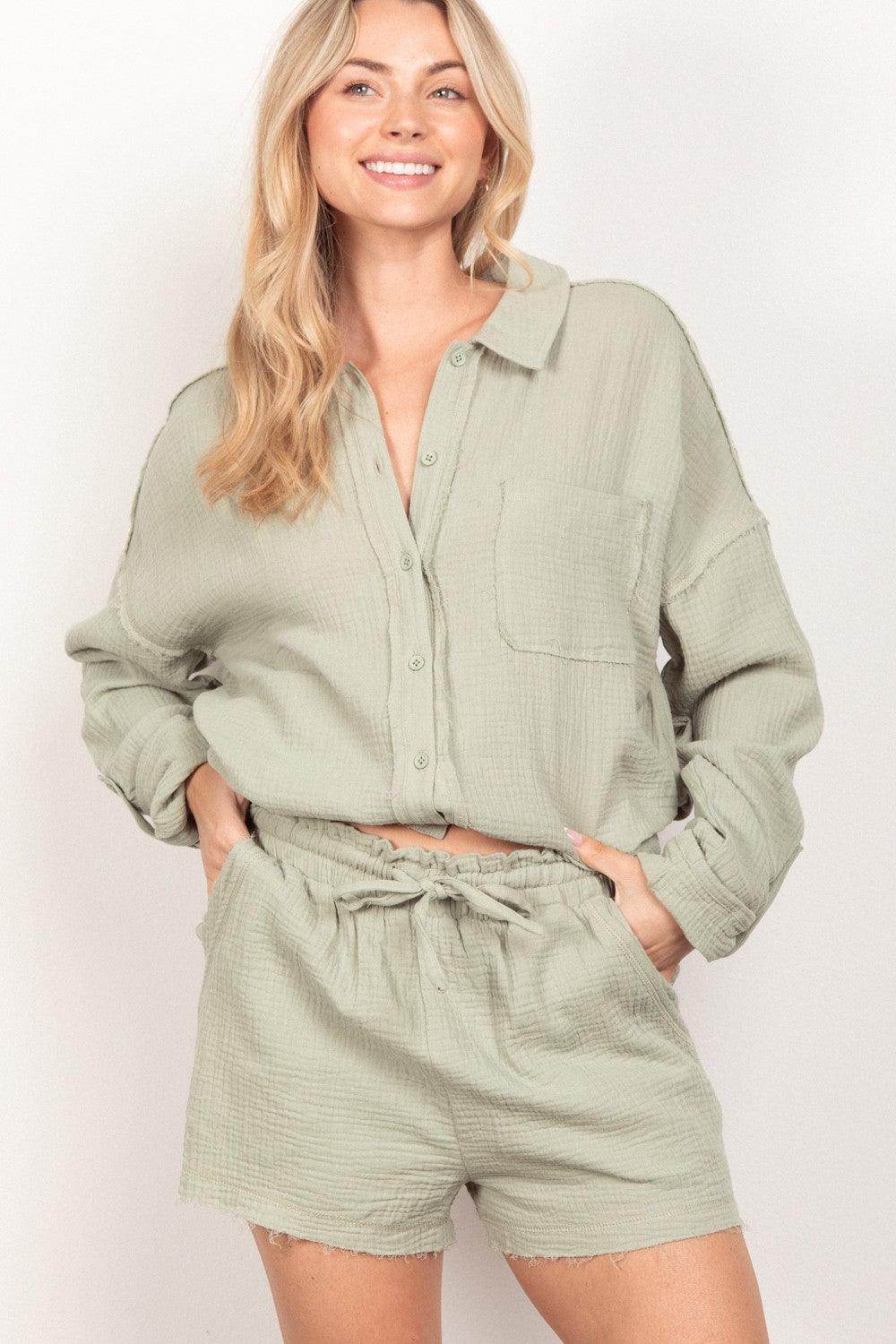 Very J Texture Button Up Shirt and Shorts Set for Women - Selvanelle