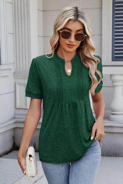 Notched Short Sleeve Top for Women in Opaque Fabric - Selvanelle