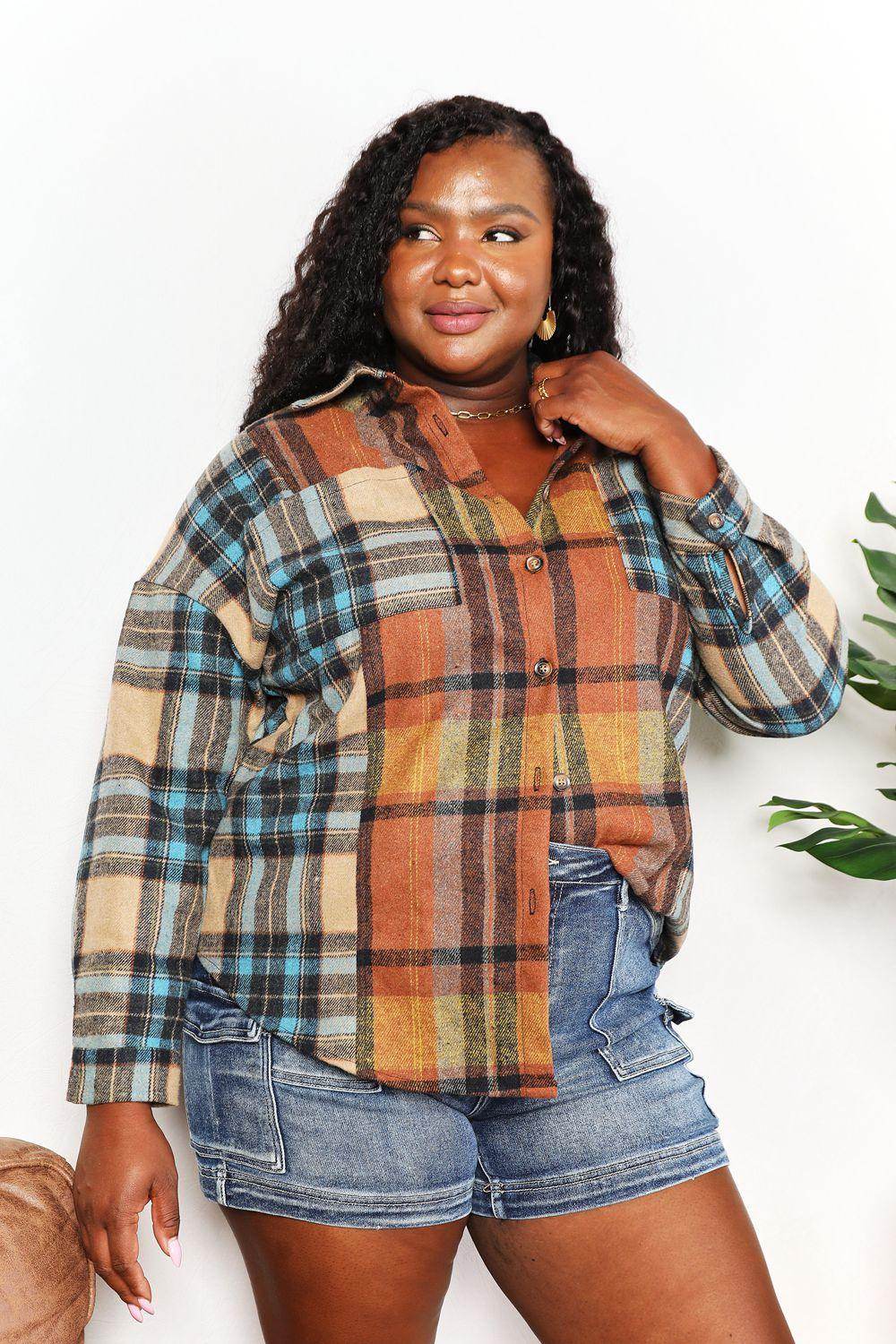 Double Take Plaid Curved Hem Shirt Jacket with Breast Pockets - Selvanelle