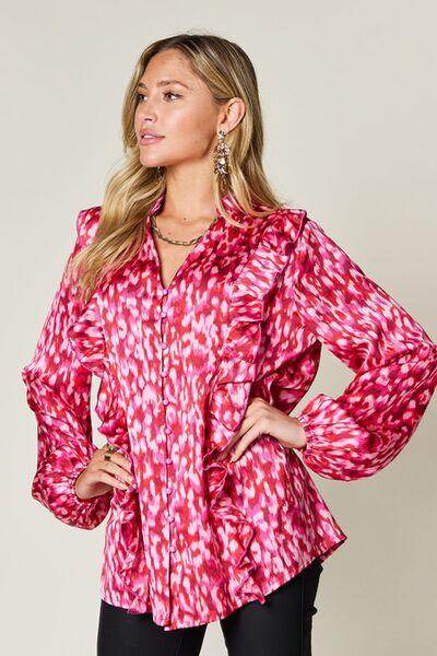 Double Take Full Size Printed Ruffle Trim Balloon Sleeve Shirt - Selvanelle