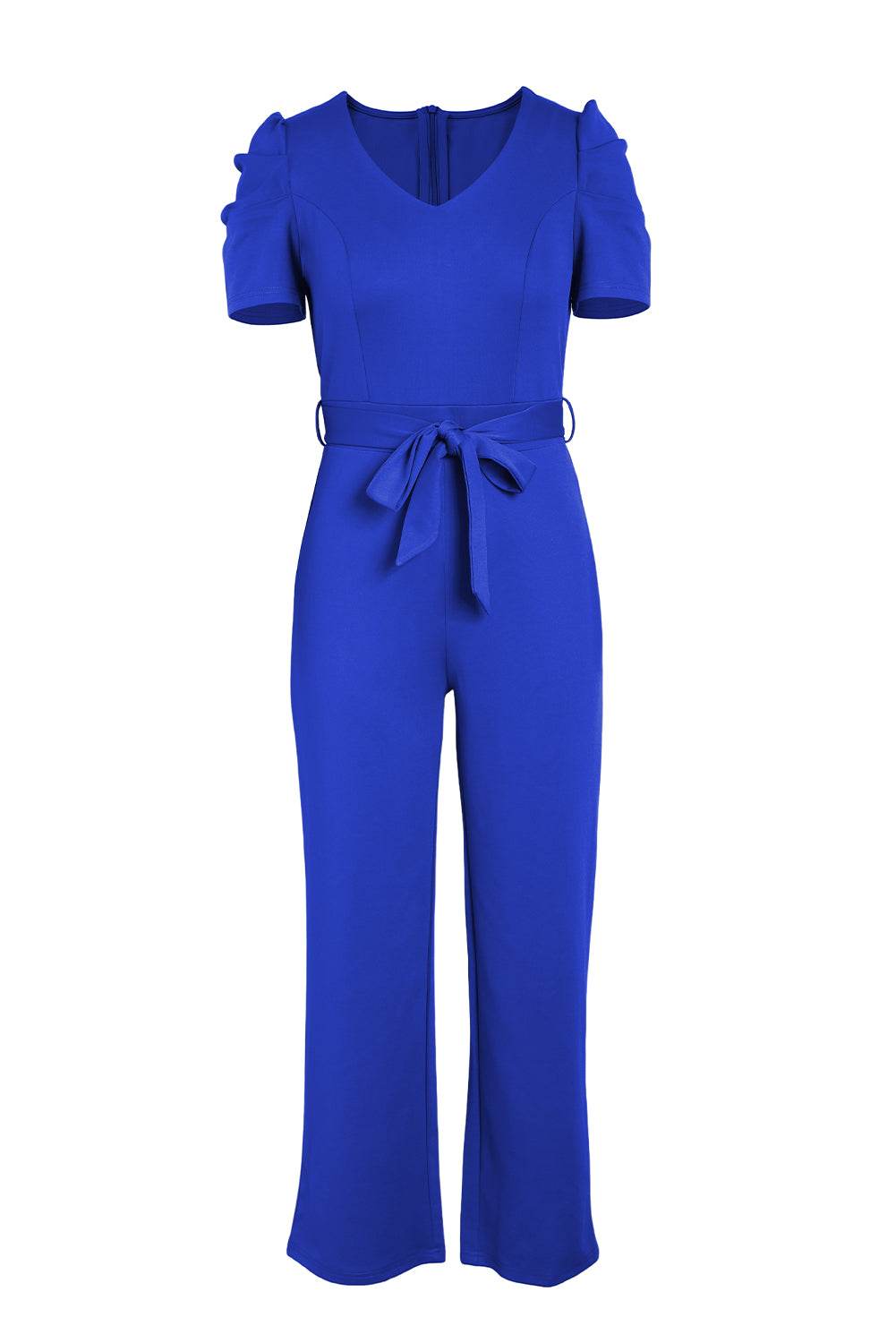 Belted Puff Sleeve V-Neck Jumpsuit - Selvanelle
