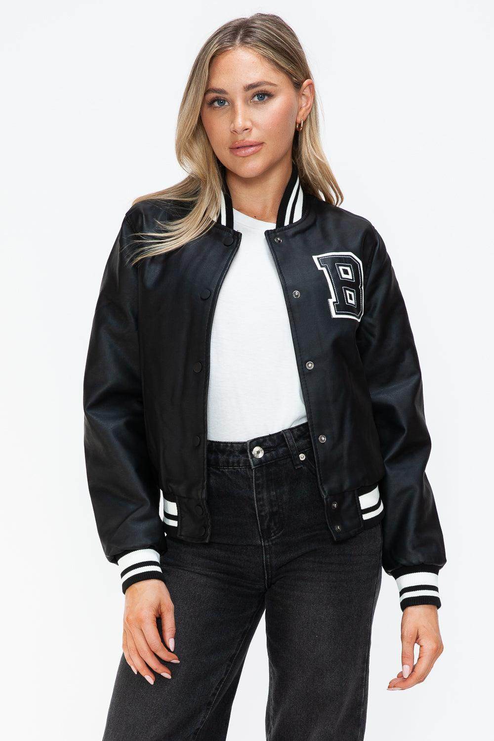 Love Me Now PU Leather Contrast Snap Down Bomber Jacket - Selvanelle