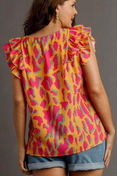Umgee Full Size Abstract Print V-Neck Ruffle Sleeve Blouse - Selvanelle