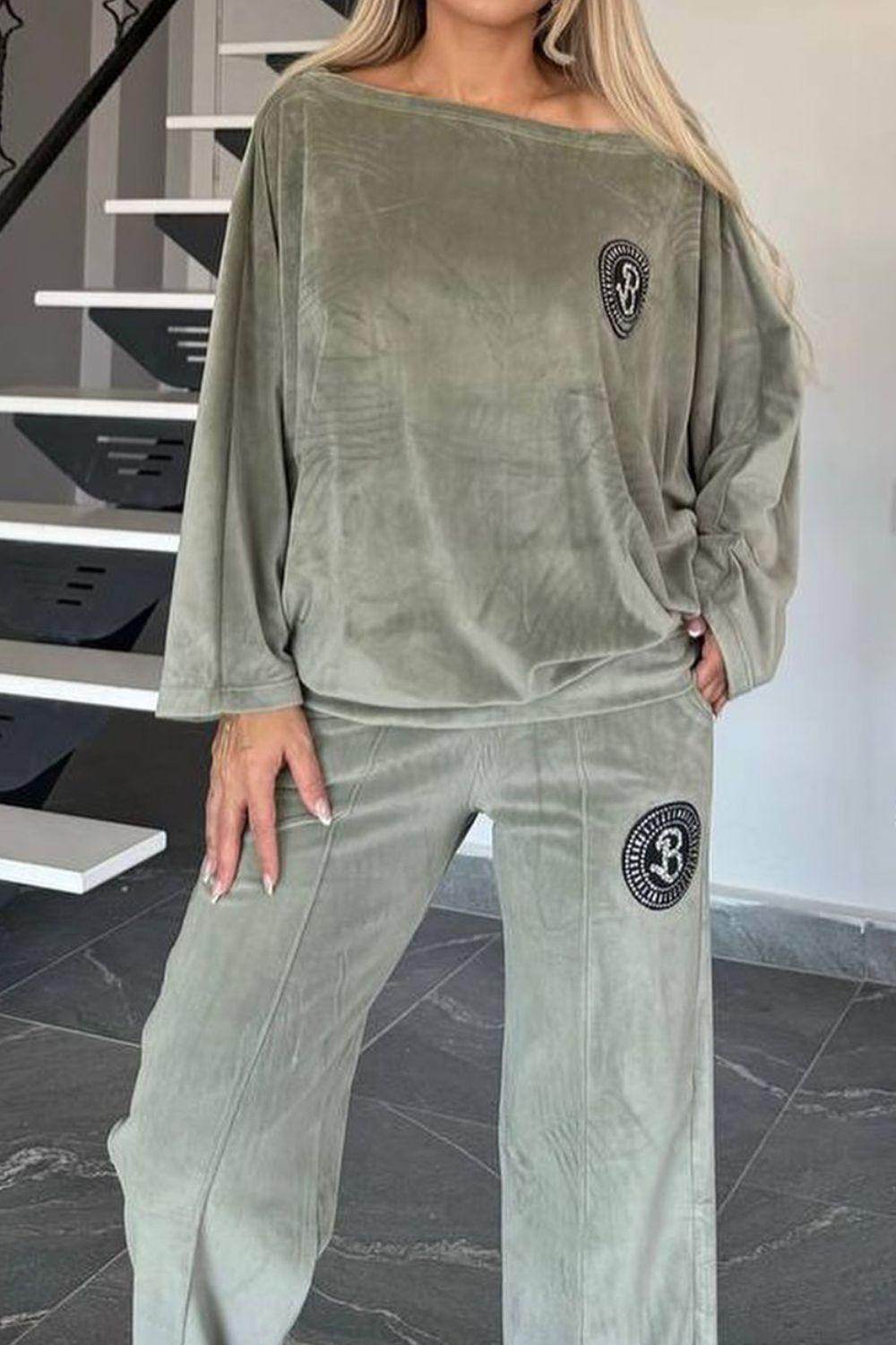 Full Size Boat Neck Long Sleeve Top and Pants Set Outfit - Selvanelle