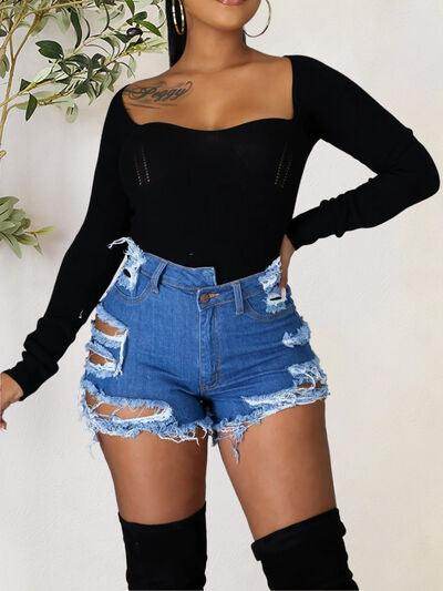 Distressed Raw Hem Denim Shorts with Pockets for Women - Selvanelle