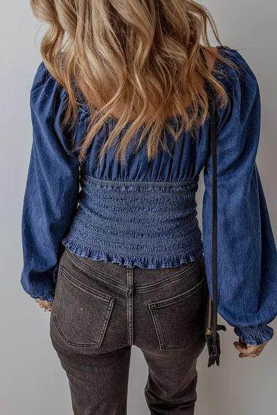 Smocked Long Sleeve Denim Top for Women Stylish Casual Wear - Selvanelle