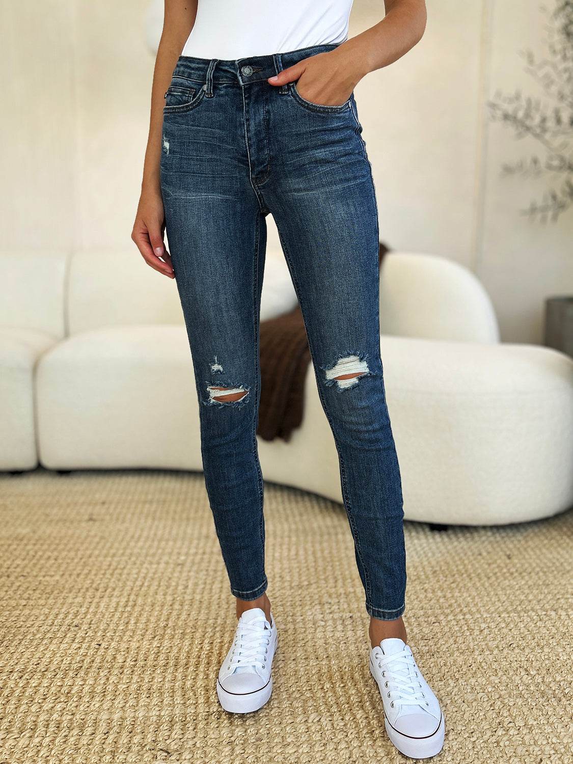 Judy Blue Full Size Mid Waist Distressed Slim Jeans For Women - Selvanelle