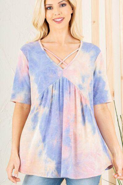 Heimish Full Size Crisscross Tie Dye Babydoll Top Plus Size - Selvanelle
