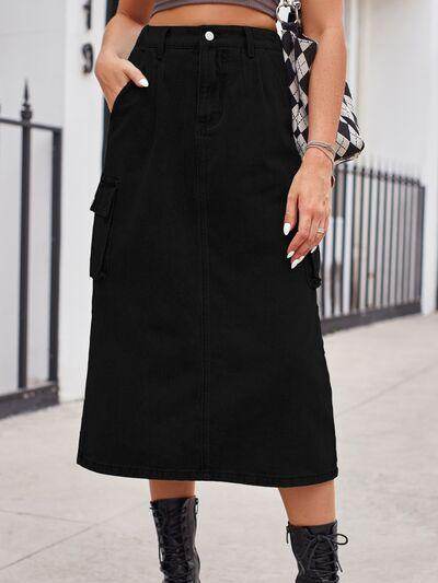 Slit Buttoned Denim Skirt with Pockets for Women - Selvanelle
