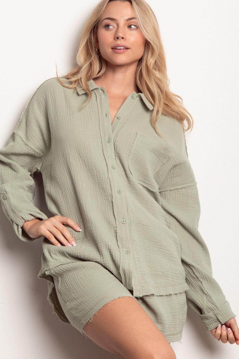 Very J Texture Button Up Shirt and Shorts Set for Women - Selvanelle