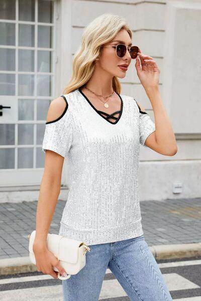 Sequin Crisscross V-Neck Cold Shoulder Blouse for Women - Selvanelle