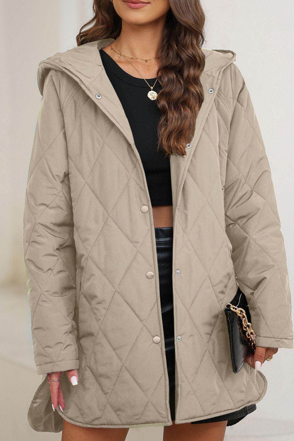 Snap Down Long Sleeve Quilted Winter Coat for Women - Selvanelle