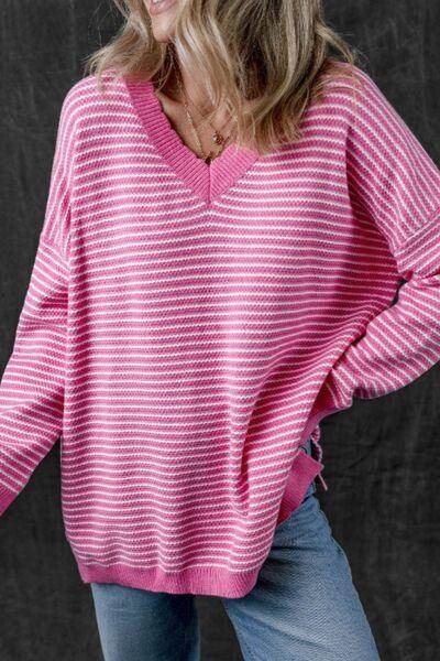 Striped V-Neck Dropped Shoulder Sweater for Women - Selvanelle