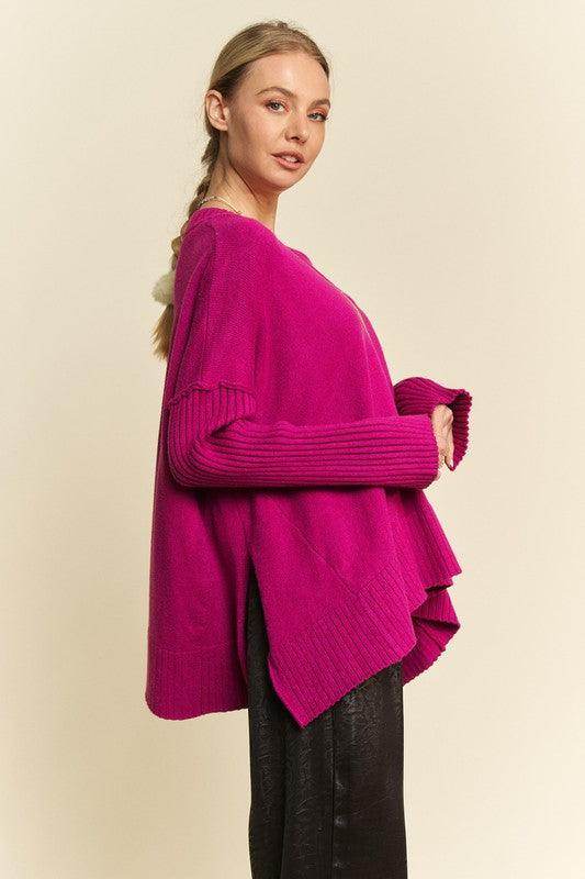 Davi & Dani Ribbed Side Slit V-Neck Sweater for Women - Selvanelle