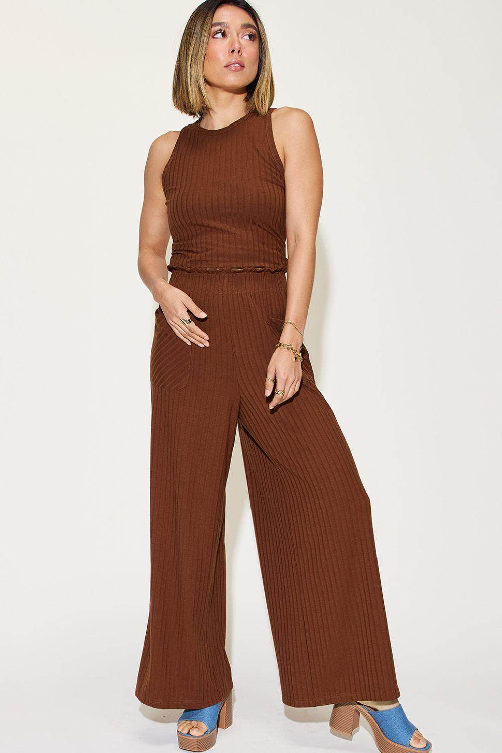 Basic Bae Full Size Ribbed Tank and Wide Leg Pants Set - Selvanelle