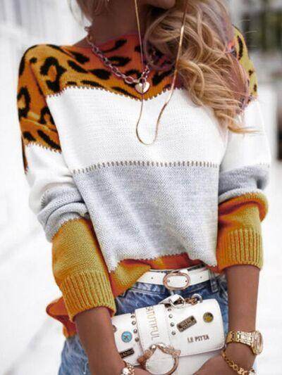 Leopard Color Block Round Neck Long Sleeve Sweater for Women - Selvanelle