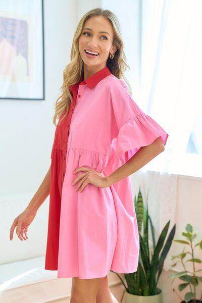 First Love Full Size Color Blocked Button Down Babydoll Dress - Selvanelle