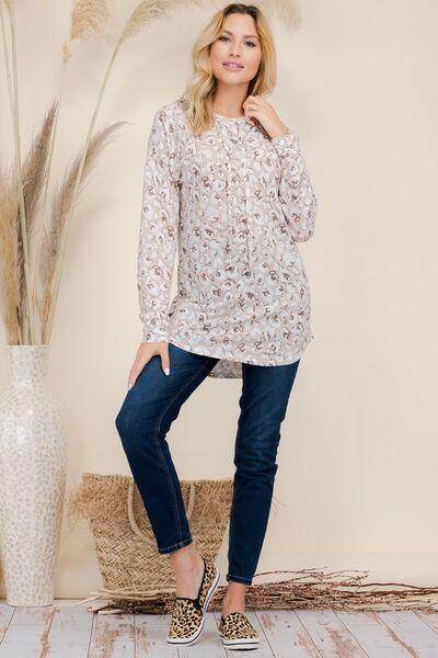 Celeste Full Size Drawstring Leopard Long Sleeve Blouse - Selvanelle