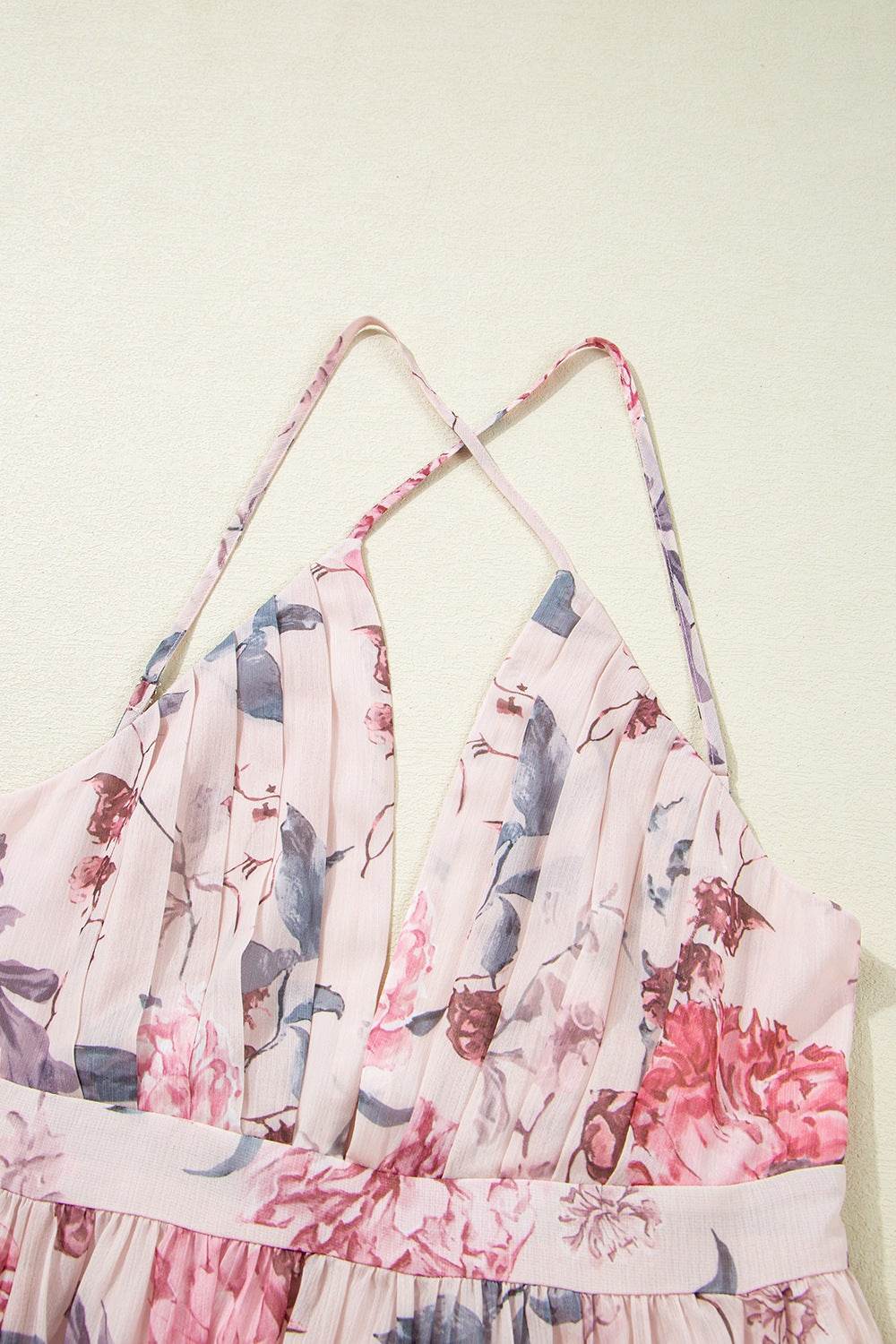 Floral Pleated Deep V Backless Maxi Dress - Selvanelle