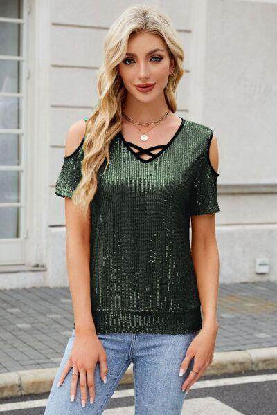 Sequin Cold Shoulder Short Sleeve Blouse for Women - Selvanelle
