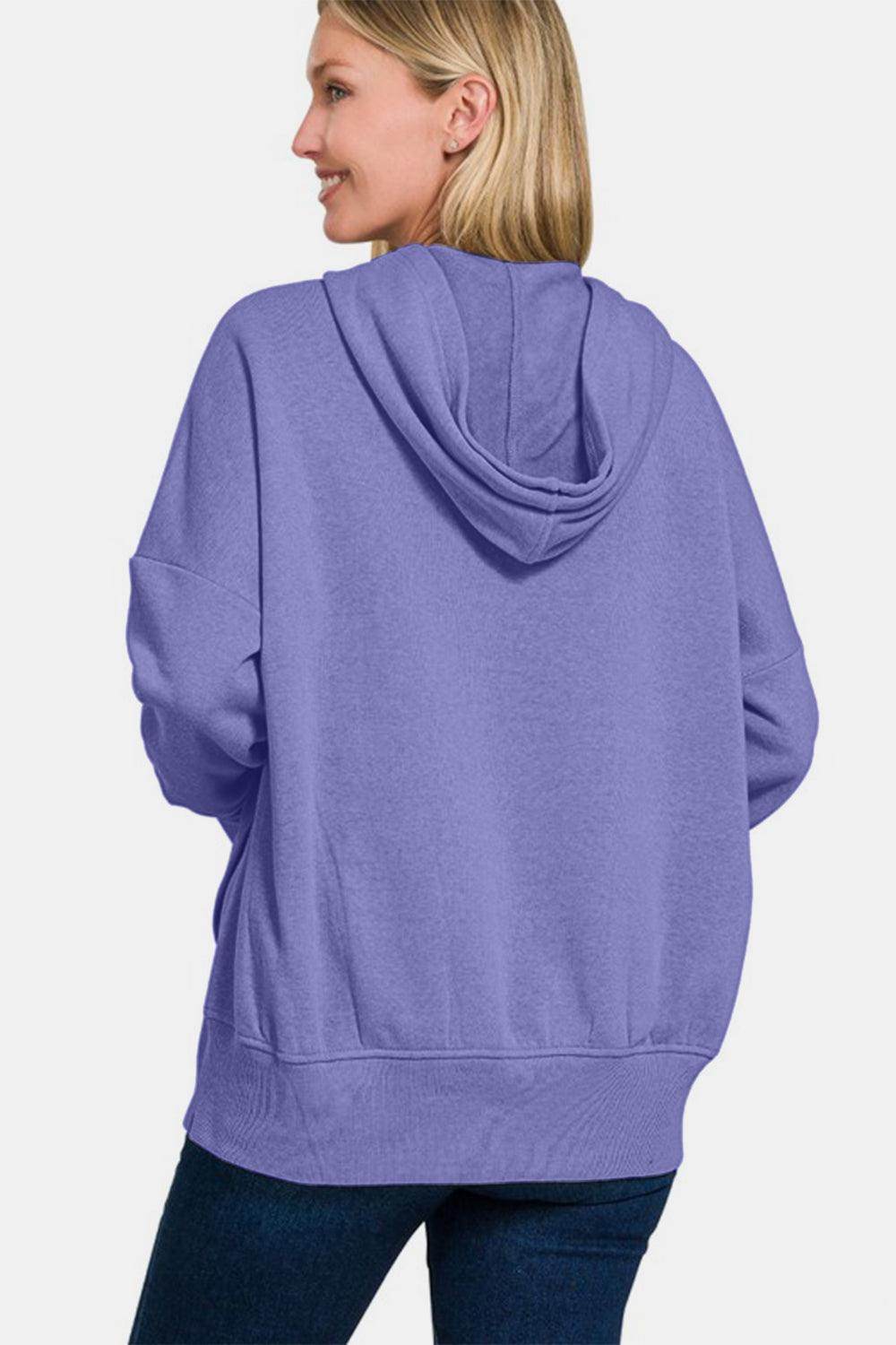 Zenana Half Snap Long Sleeve Hoodie with Kangaroo Pocket - Selvanelle