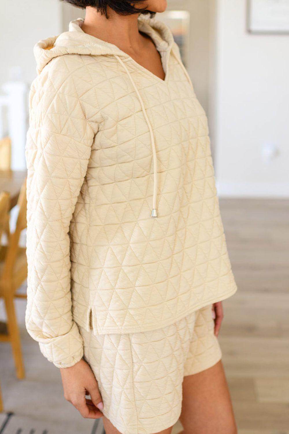 Drawstring Quilted Hooded Top and Shorts Set for Women - Selvanelle