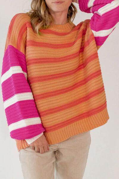 Striped Round Neck Long Sleeve Sweater for Women Fashion - Selvanelle