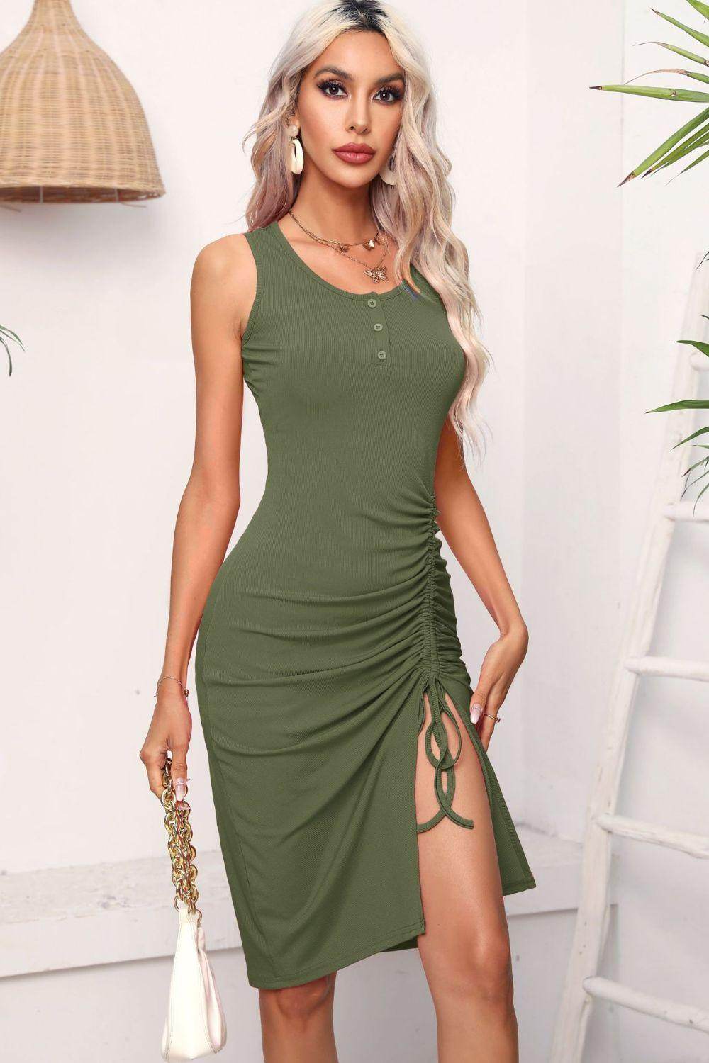 Drawstring Ruched Slit Sleeveless Dress for Chic Style - Selvanelle