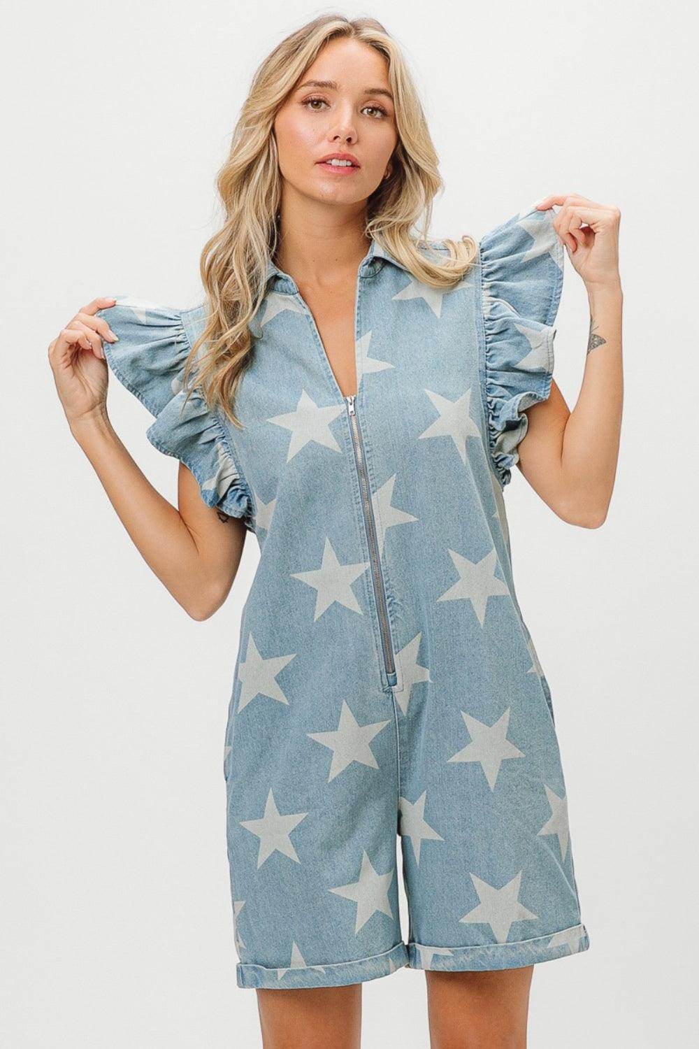 BiBi Ruffled Star Half Zip Denim Romper for Casual Style - Selvanelle