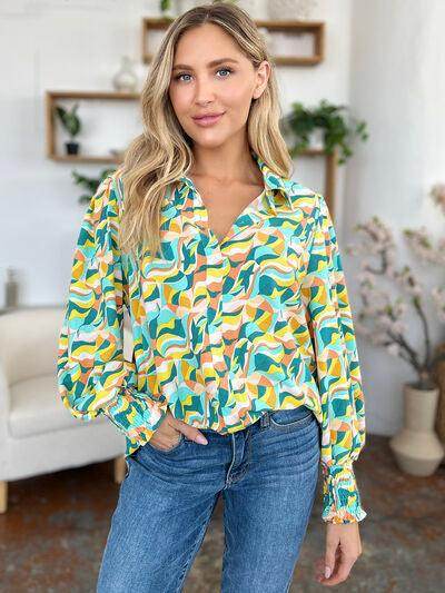 Double Take Full Size Printed Smocked Long Sleeve Blouse - Selvanelle
