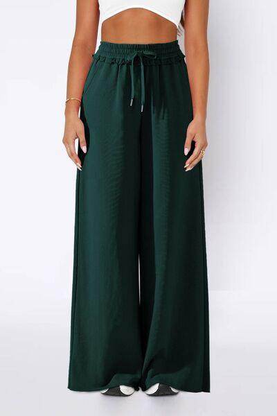 High Waist Wide Leg Pants with Pockets and Frill Detail - Selvanelle