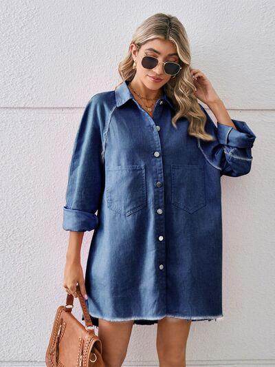 Raw Hem Button Up Denim Dress for Effortless Style - Selvanelle