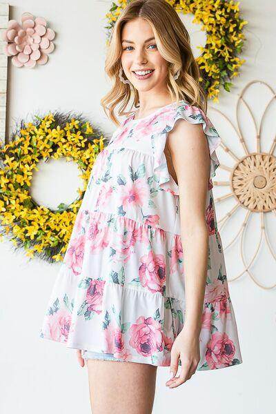 Heimish Full Size Butterfly Short Sleeve Floral Tiered Top - Selvanelle