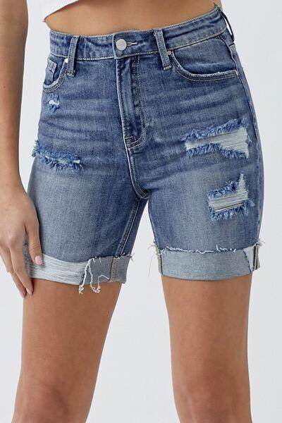 RISEN Full Size Distressed Rolled Denim Shorts with Pockets - Selvanelle