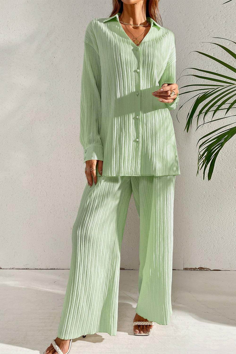 Johnny Collar Button Down Top and Pants Set for Women - Selvanelle