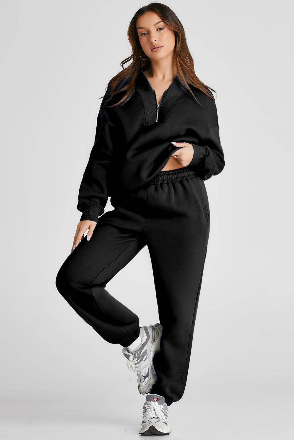 Quarter Zip Long Sleeve Top and Pants Set for Women - Selvanelle