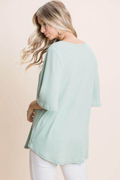 BOMBOM Round Neck Waffle Knit T-Shirt for Cozy Comfort - Selvanelle