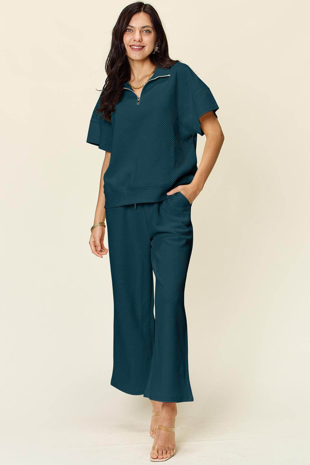 Double Take Full Size Texture Half Zip Short Sleeve Top Set - Selvanelle