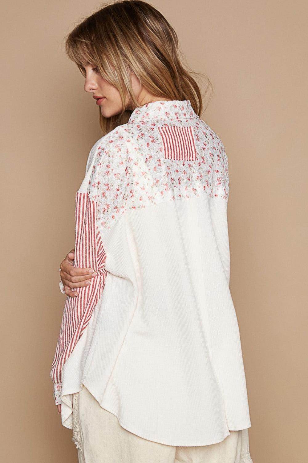 POL Long Sleeve Embroidered Print Patch Pocket Shirt for Women - Selvanelle