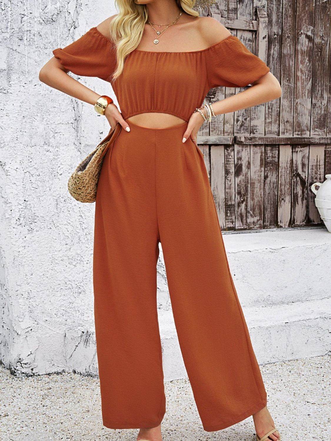 Devine Cutout Off Shoulder Wide Leg Jumpsuit - Selvanelle